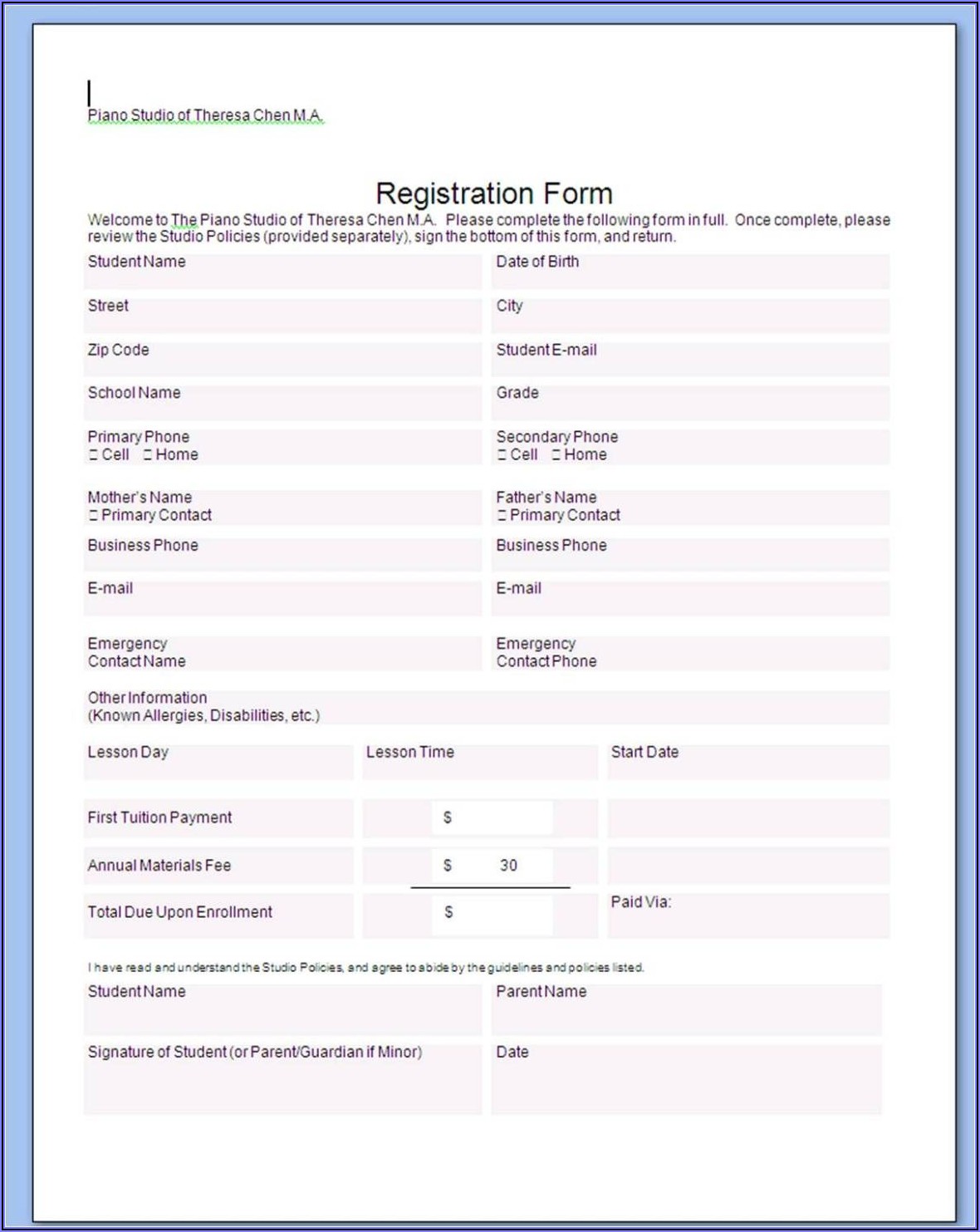 Hotel Reservation Form Sample