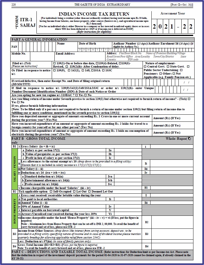 Income Tax Return Form Sahaj Online