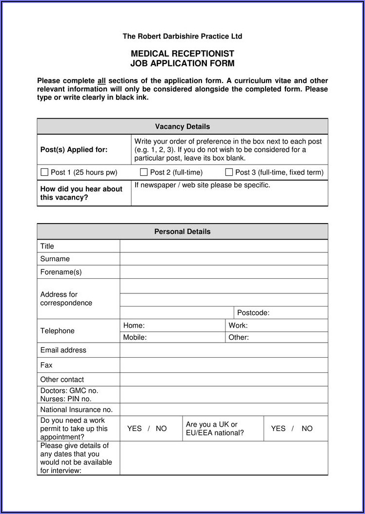 Medical Receptionist Application Form