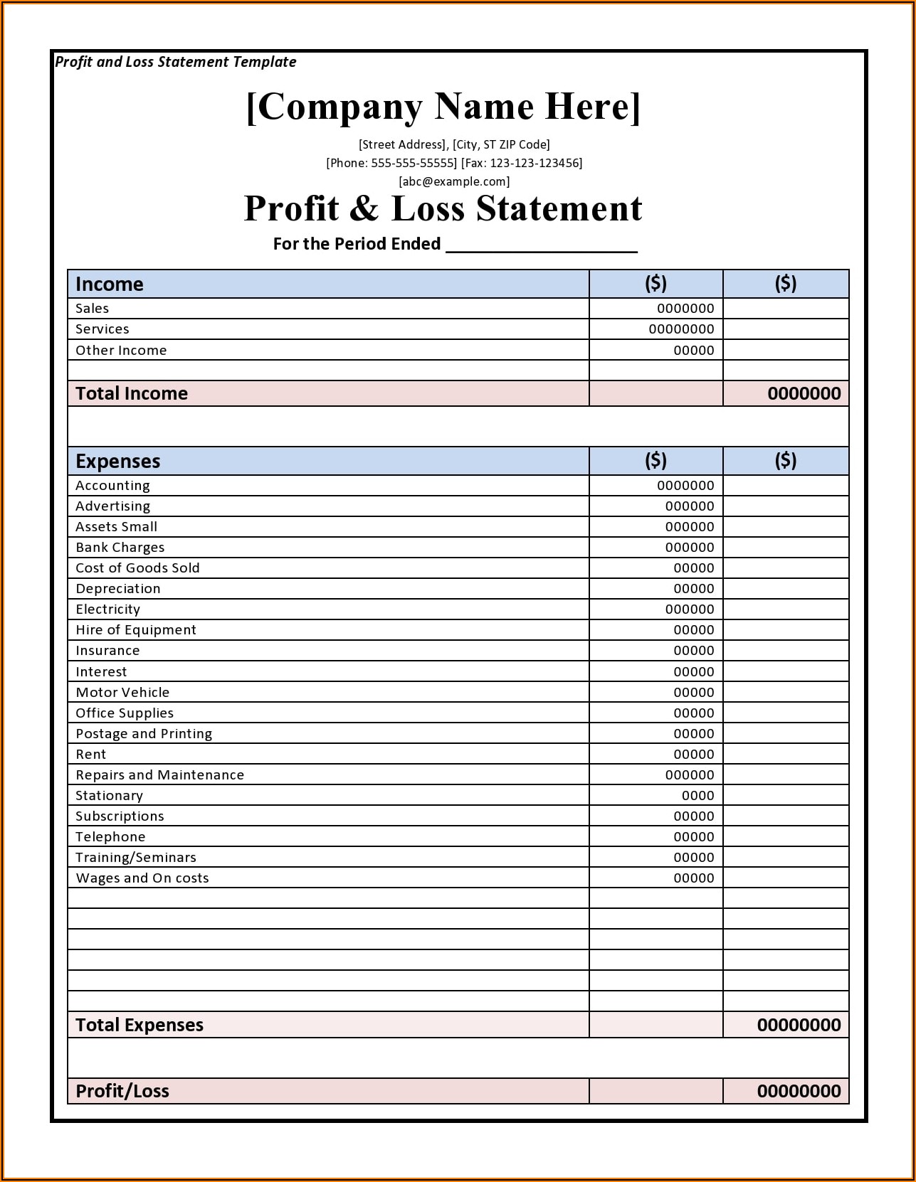 Profit And Loss Template Word Doc