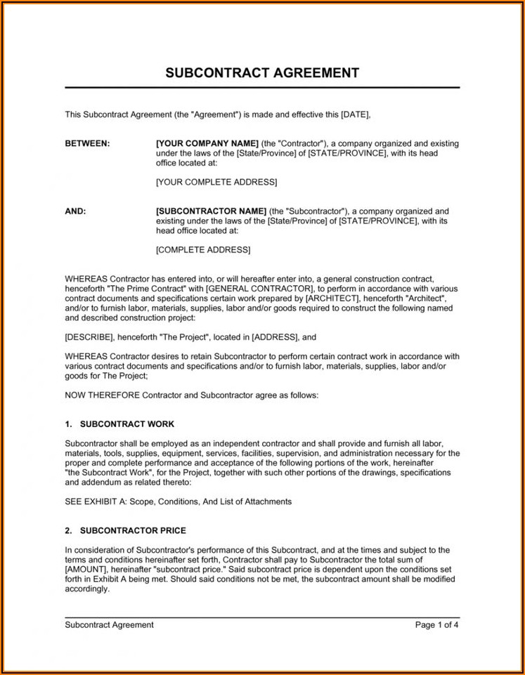 Subcontractor Contract Template Word