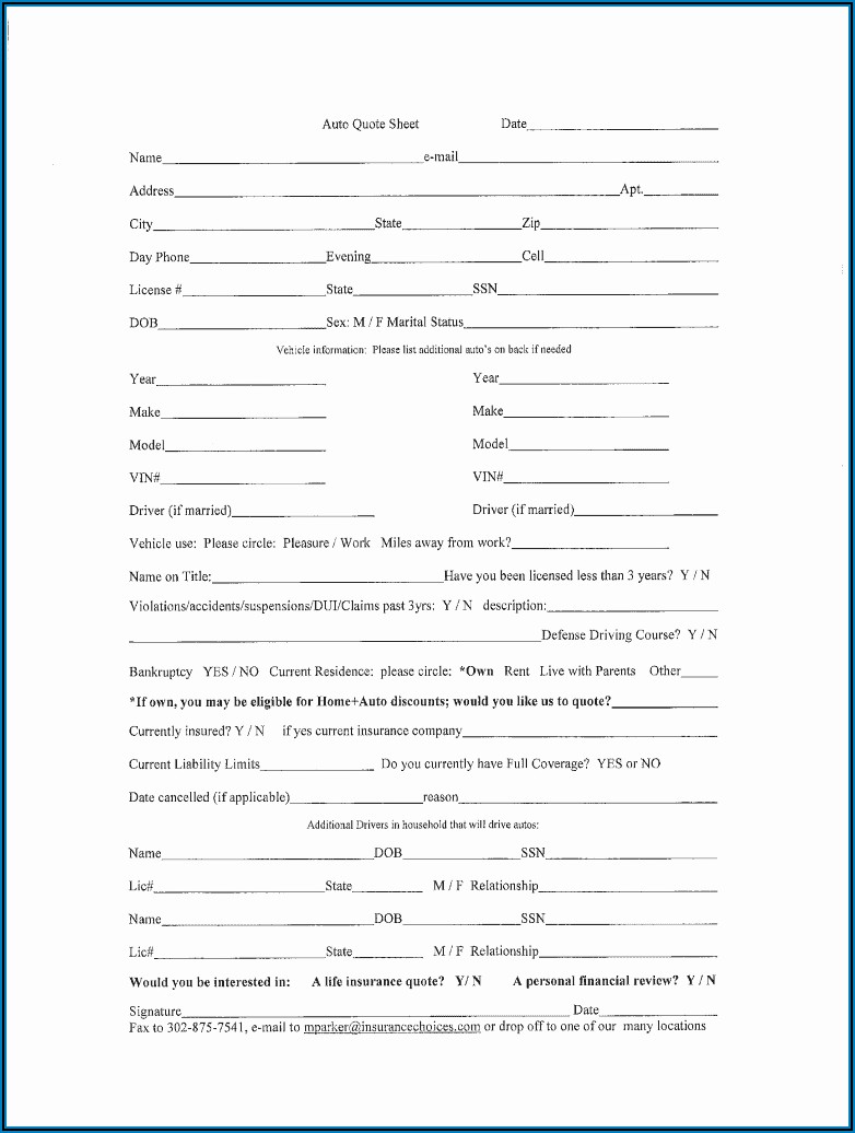 Auto And Home Insurance Quote Sheet Template