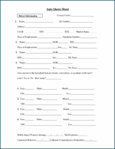Auto Insurance Quote Sheet Template
