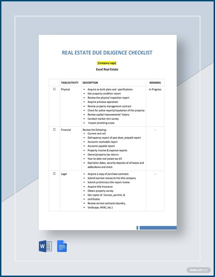 Due Diligence Checklist Template Word