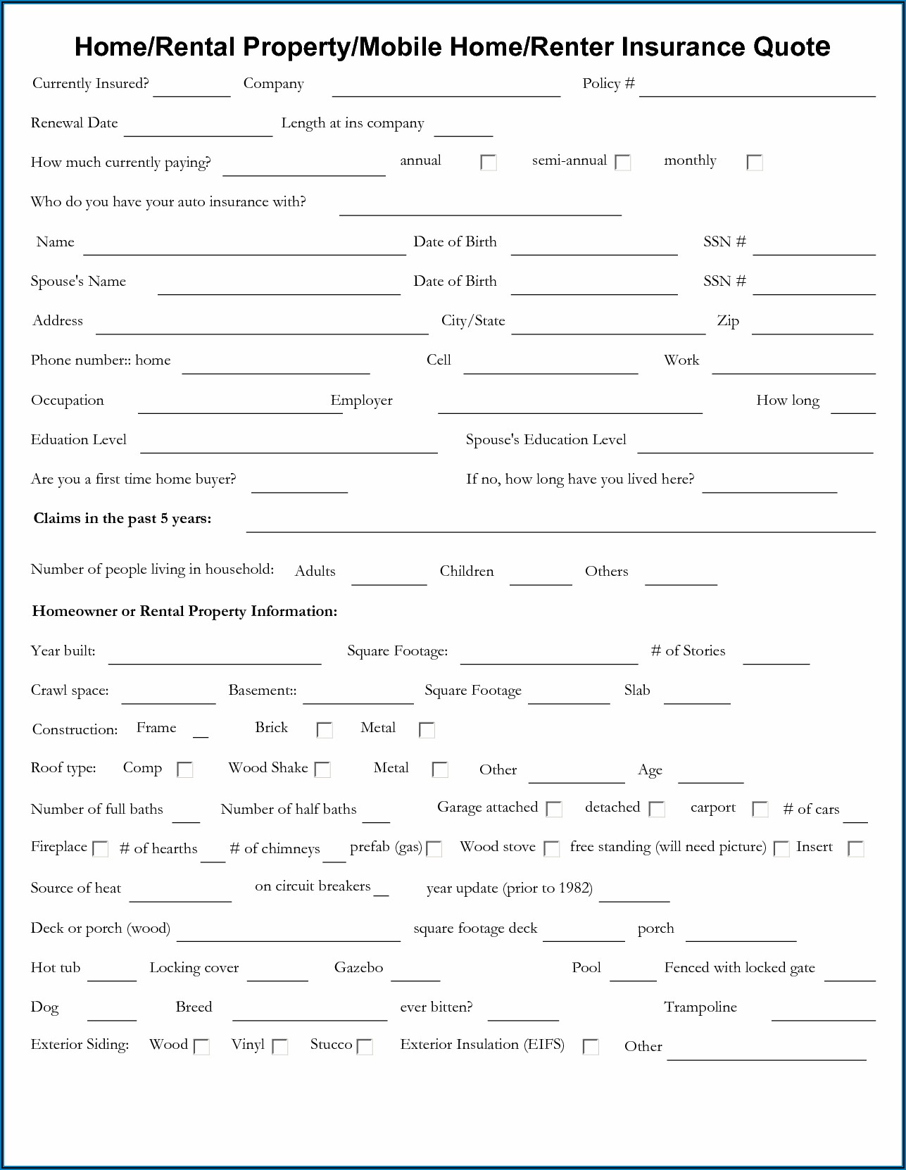 Home Insurance Quote Sheet Template