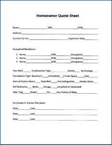 Homeowners Insurance Quote Sheet Template