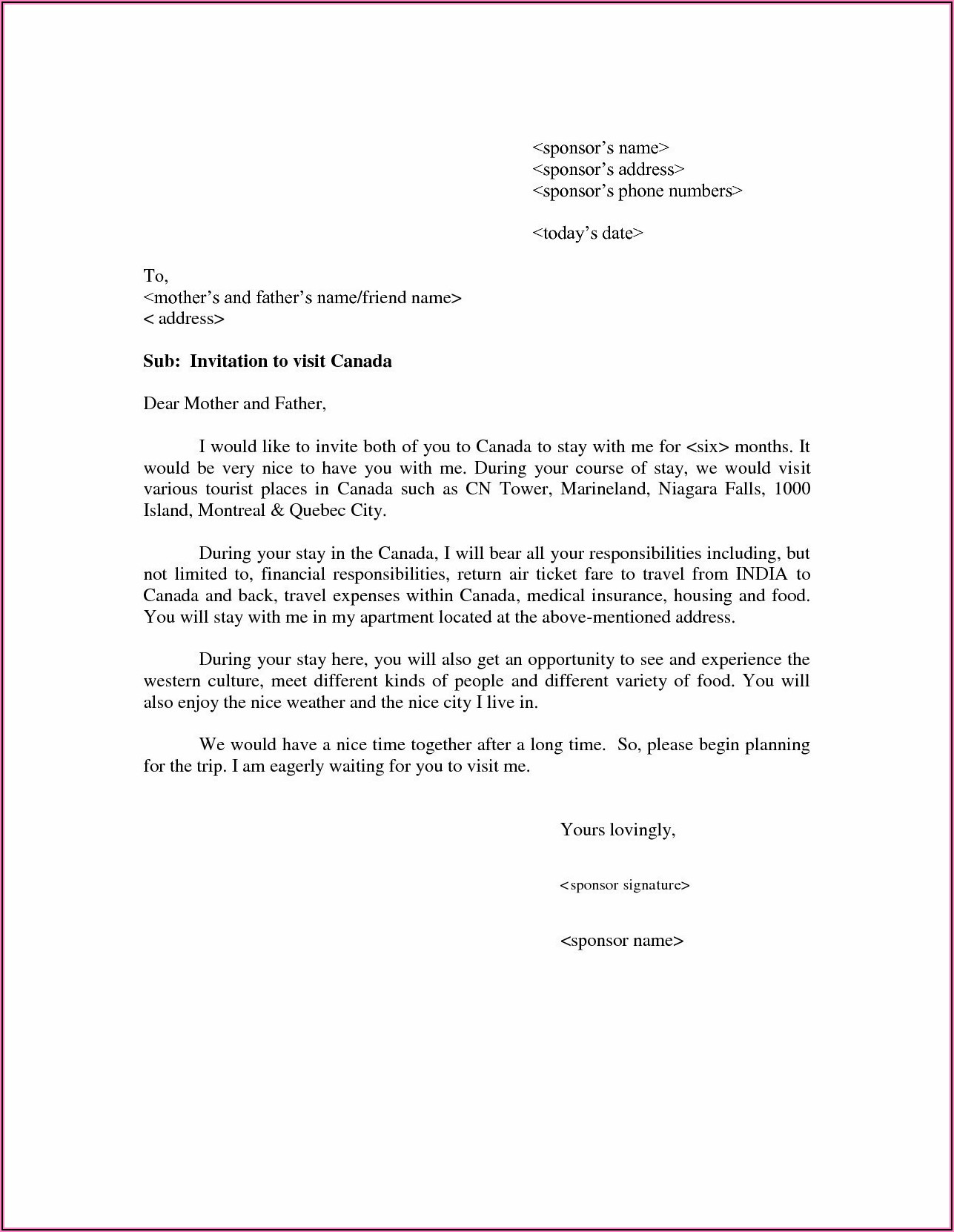 Notarized Invitation Letter For Visa Canada Sample