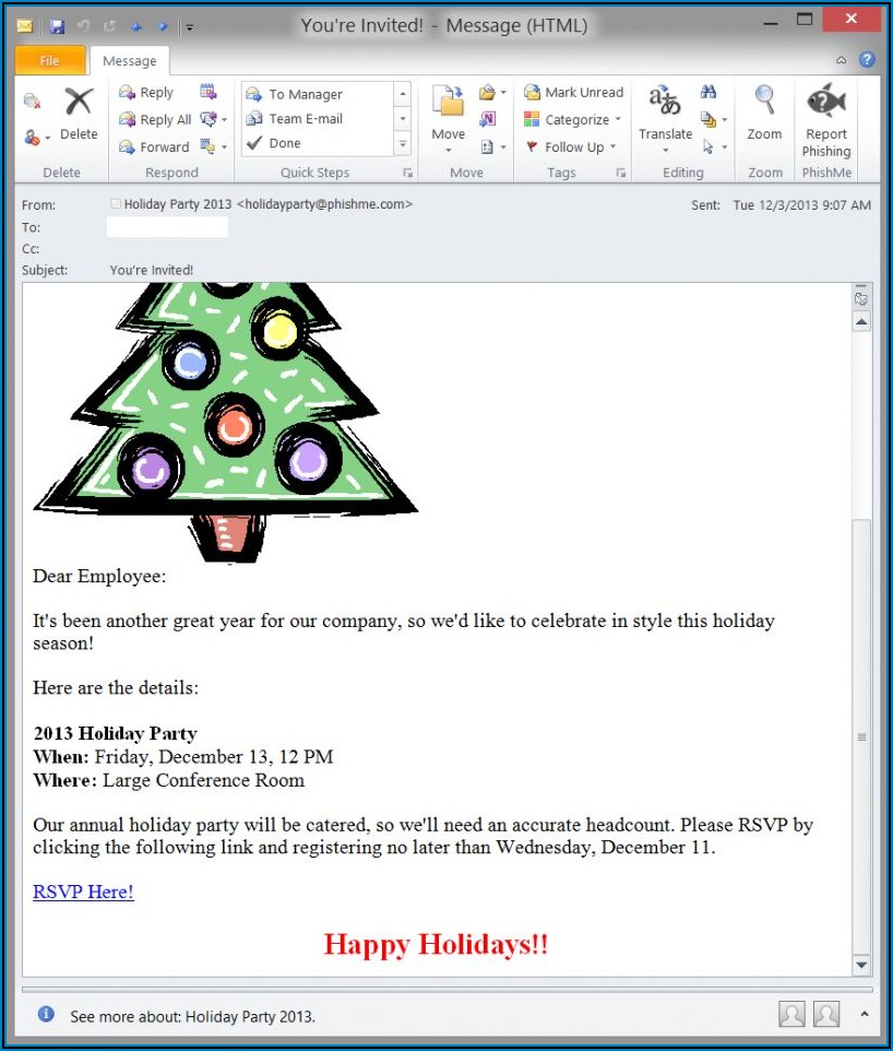 Office Holiday Party Invitation Email Sample