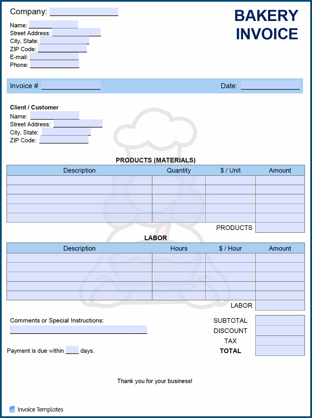 Printable Bakery Invoice Template