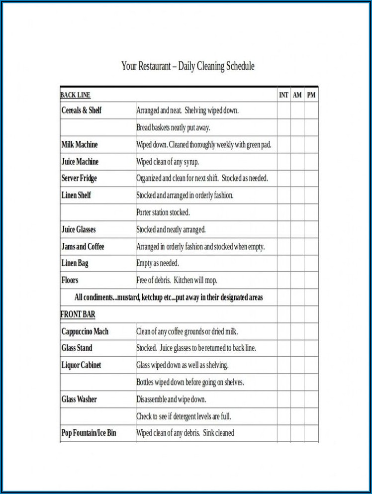 Restaurant Cleaning Checklist Example