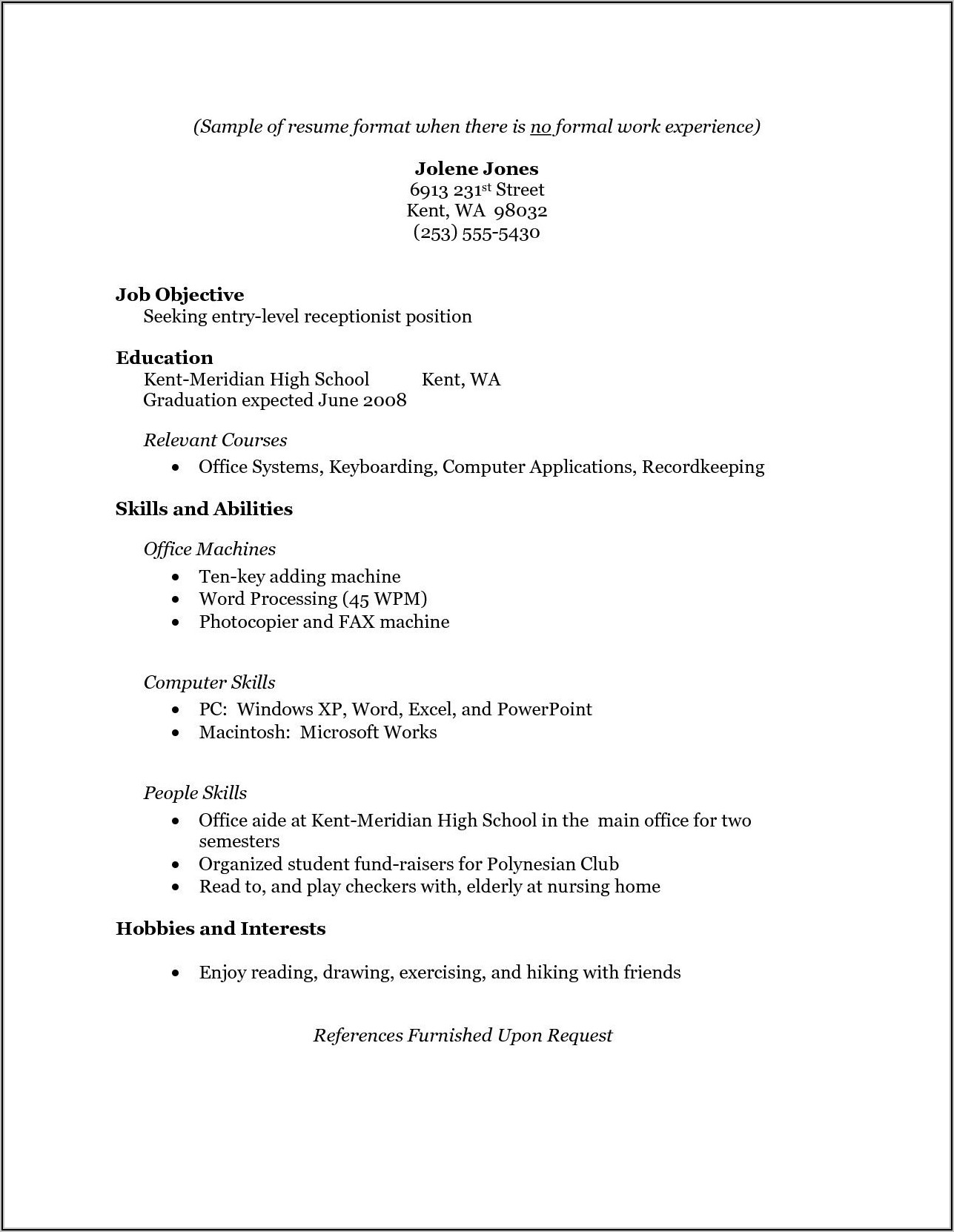Free Entry Level Resume Template For High School Students
