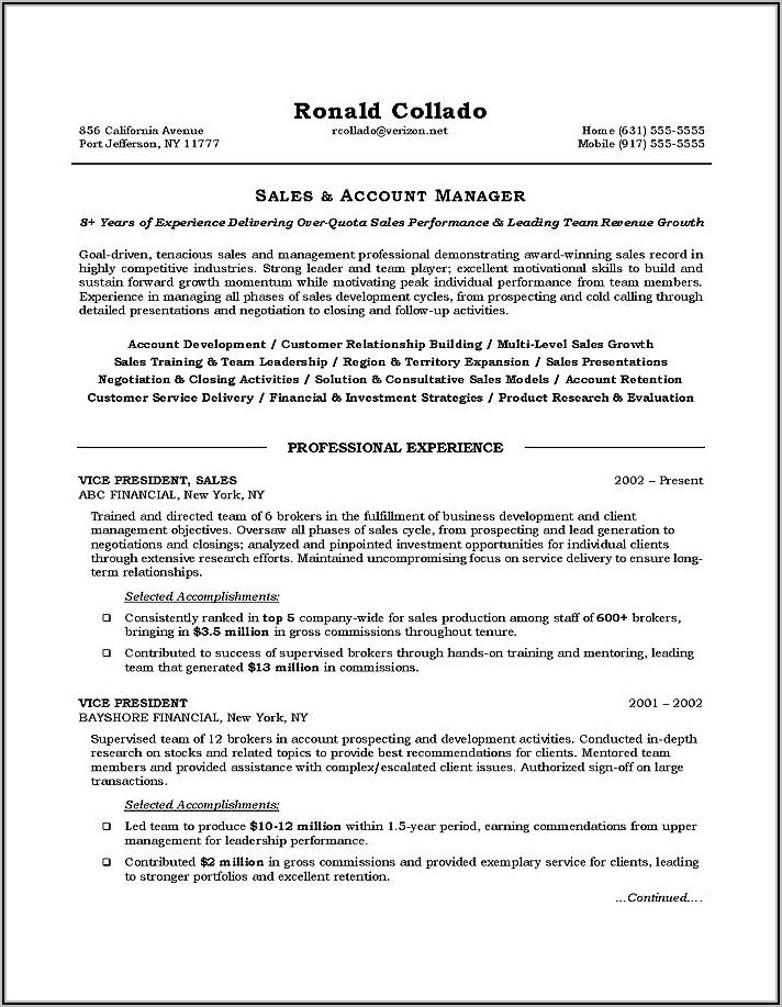 Resume Example For Sales Position