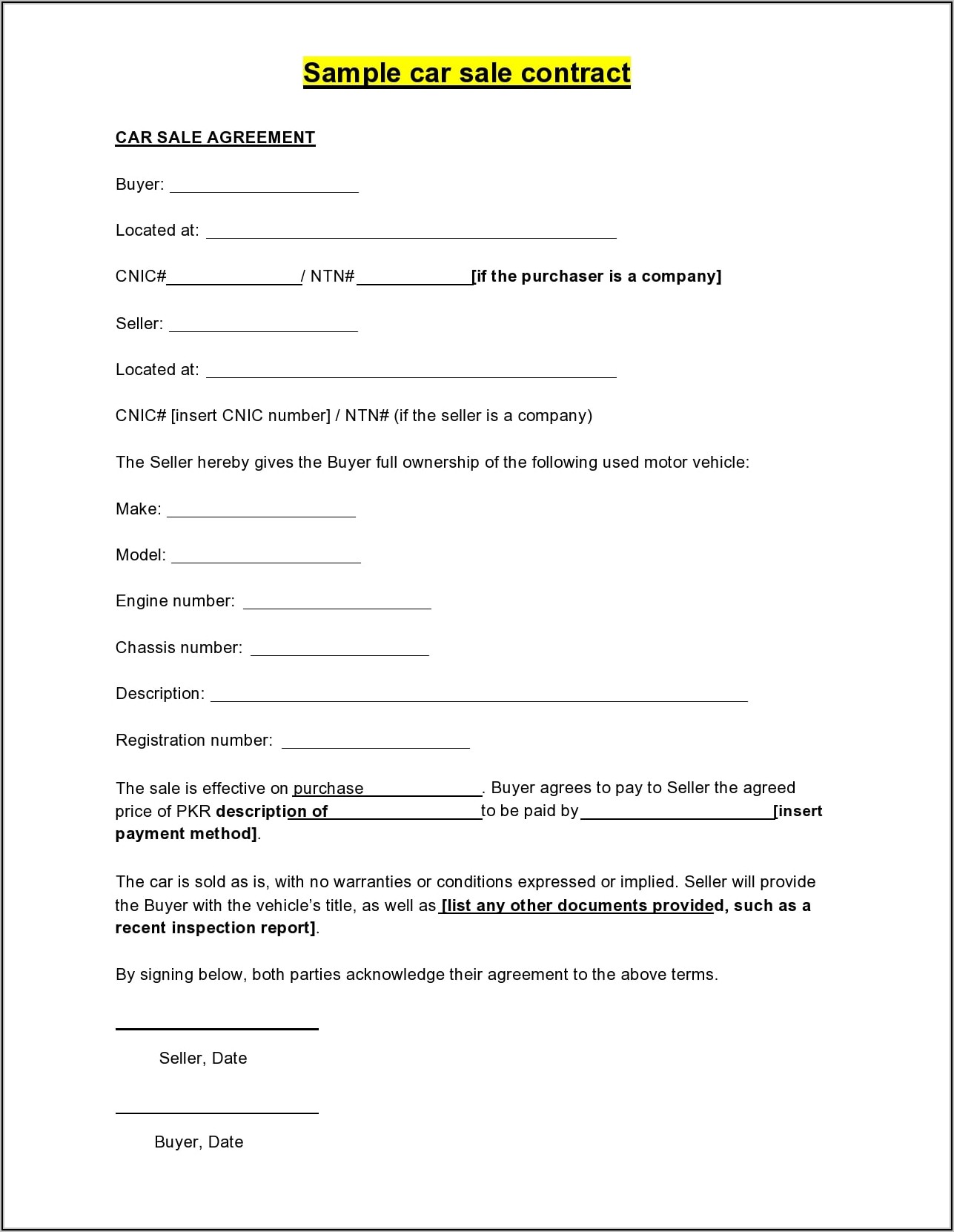 Used Car Private Seller Contract Template