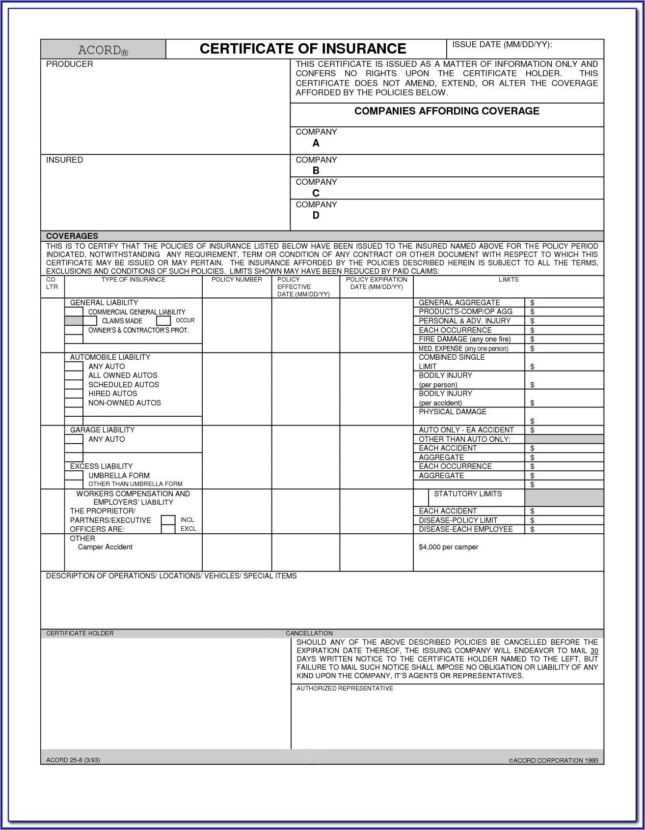 Acord Proof Of Insurance Form