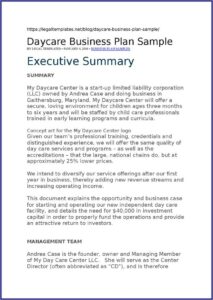 Child Care Business Plan Sample Free