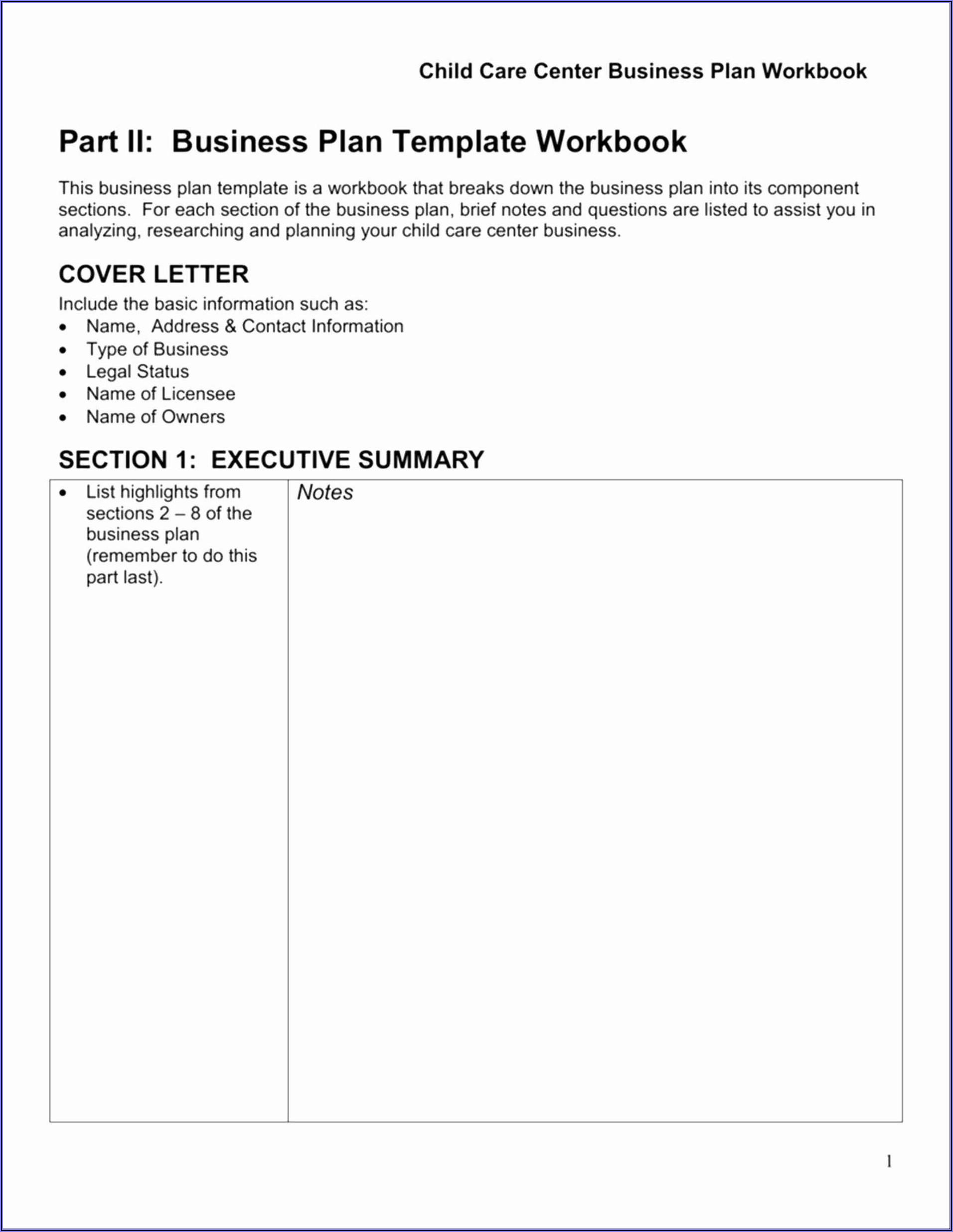 Child Care Business Plan Template Free