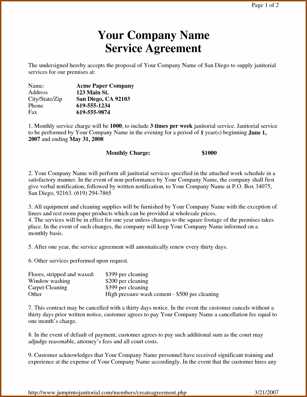 Cleaning Services Contract Agreement Doc