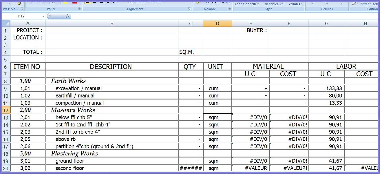 Construction Cost Breakdown Template Excel