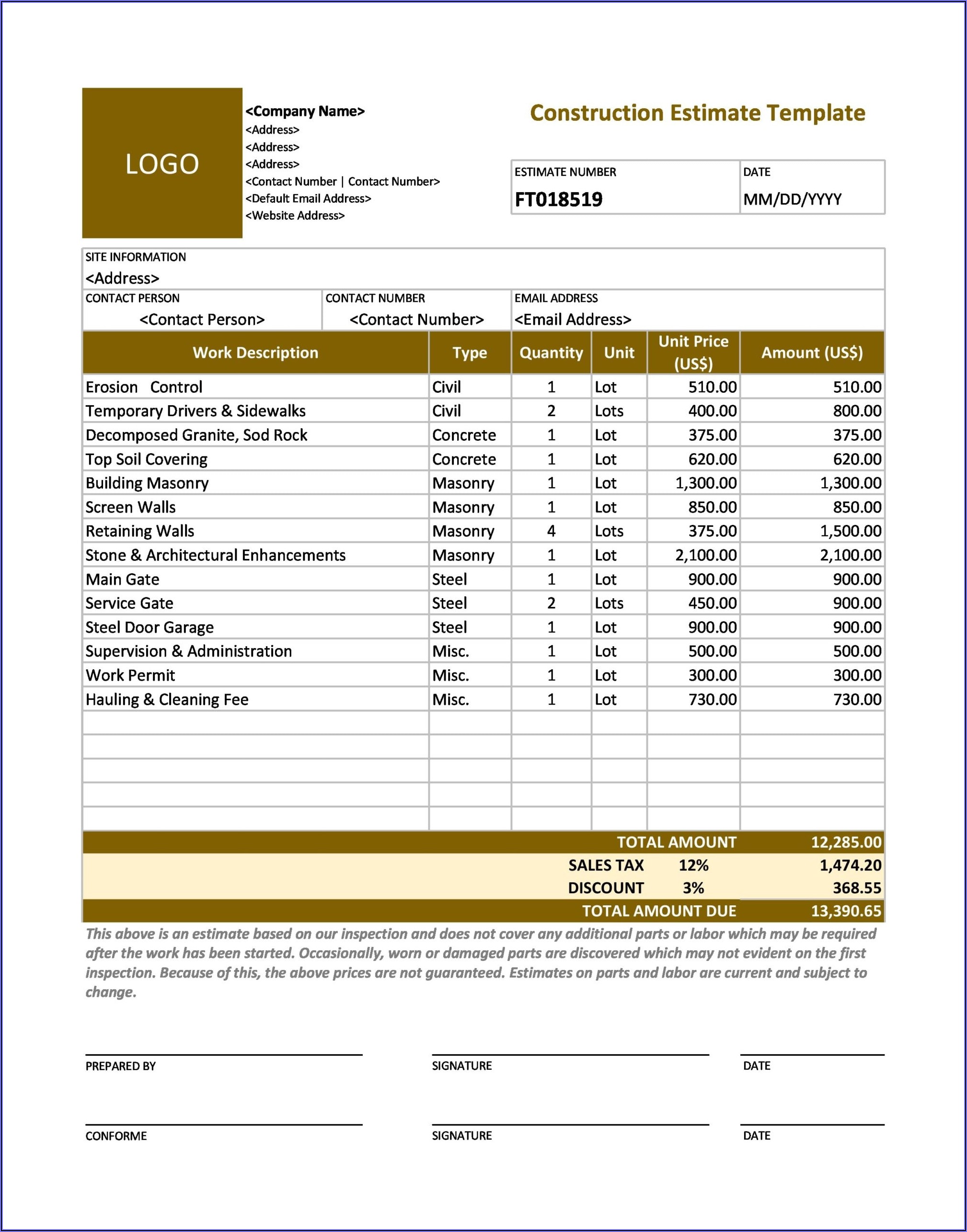 Construction Price Sheet Template