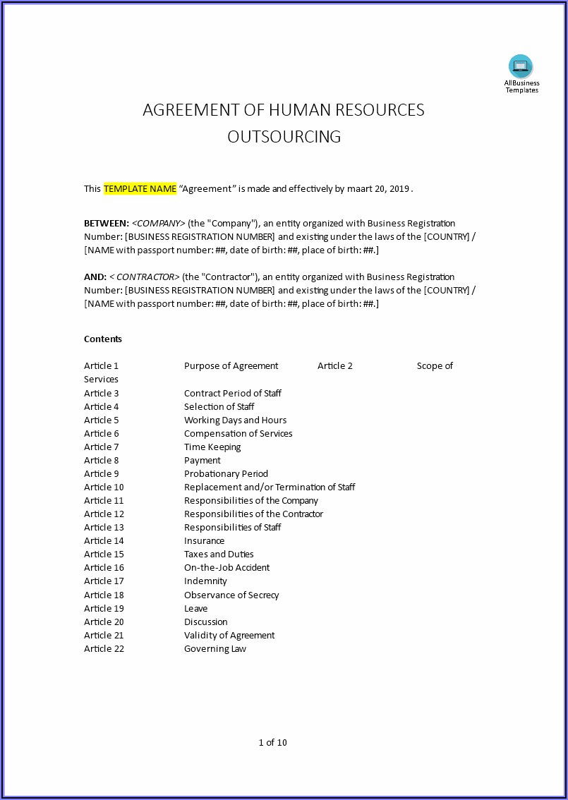 Employee Outsourcing Agreement Template