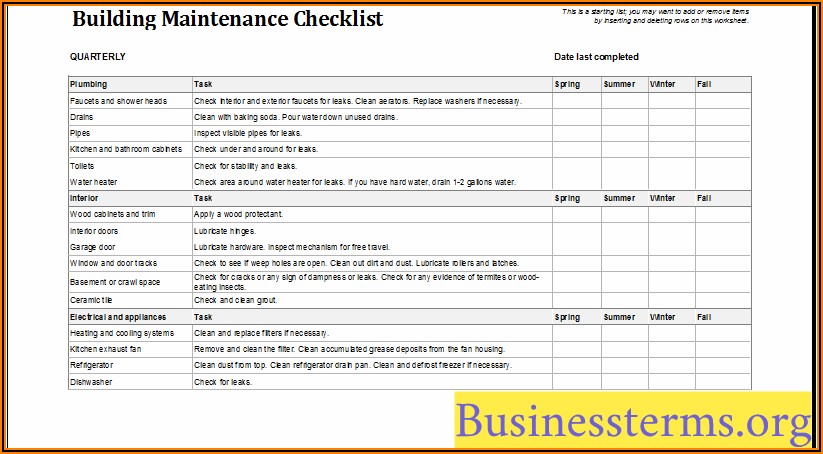 Facilities Maintenance Checklist Templates