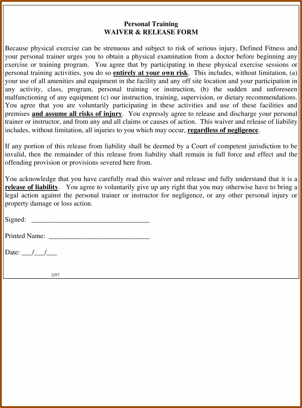 Fitness Waiver Template Pdf