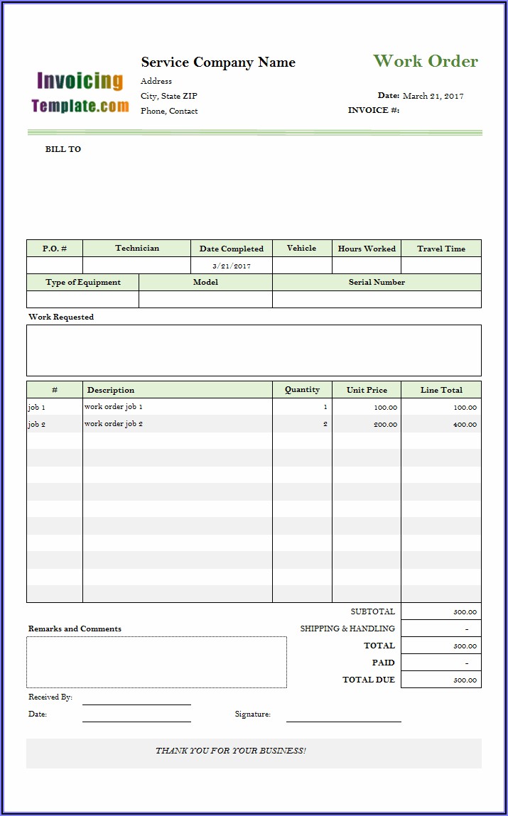 Free Auto Repair Work Order Template Excel