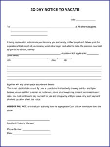 Free Landlord To Tenant 30 Day Notice To Vacate Letter