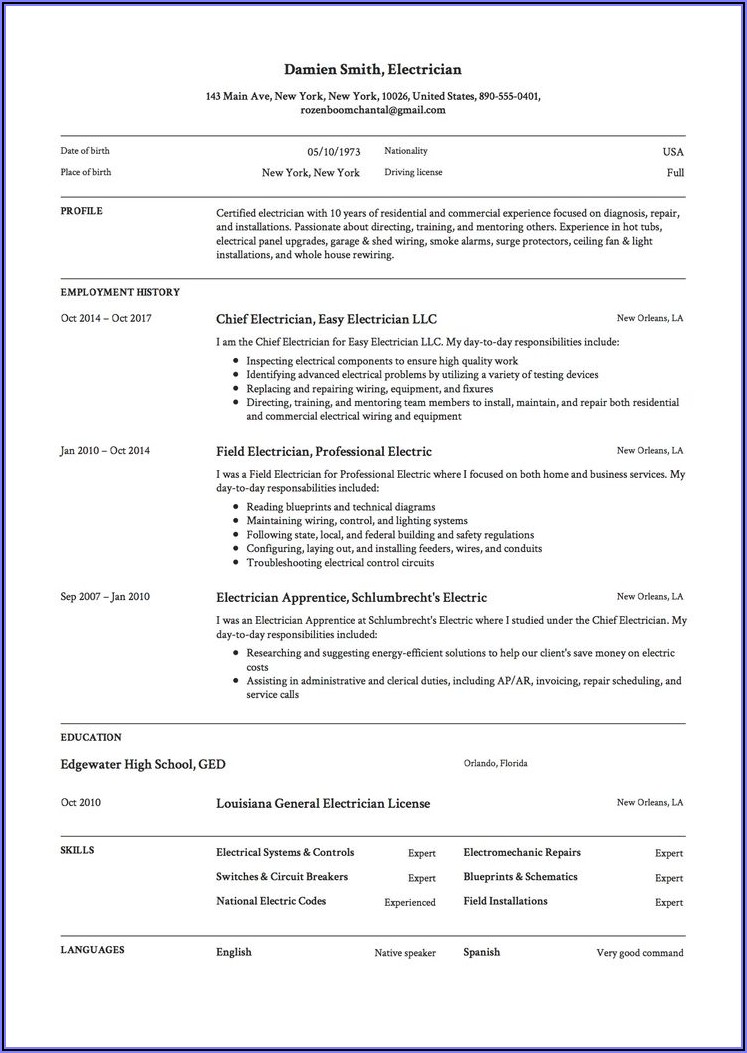 Resume Format For Electrician Job