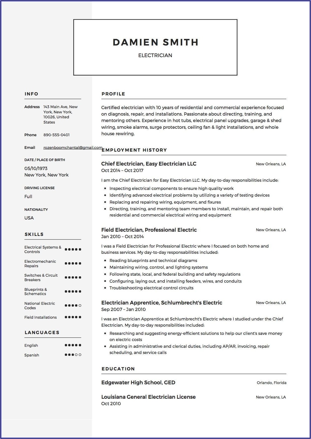 Resume Sample For Electrician