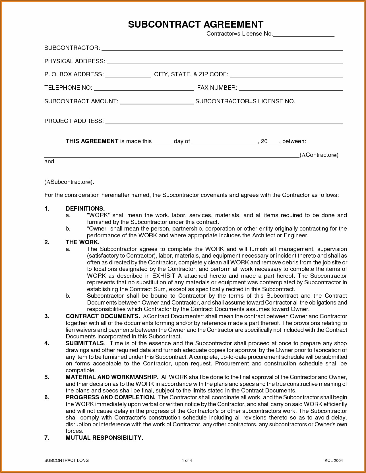 Subcontractors Agreement Form Template