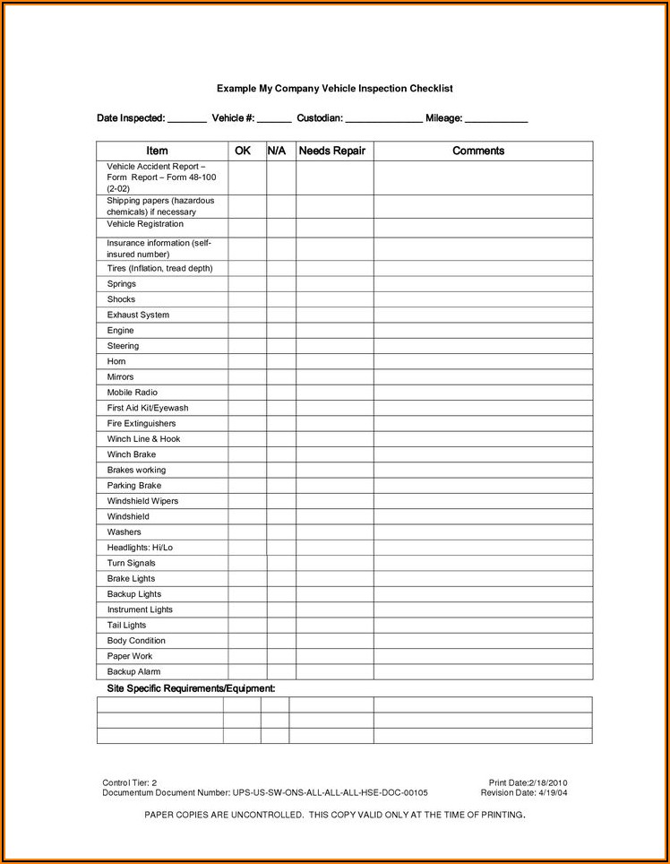 Vehicle Inspection Checklist Form Pdf