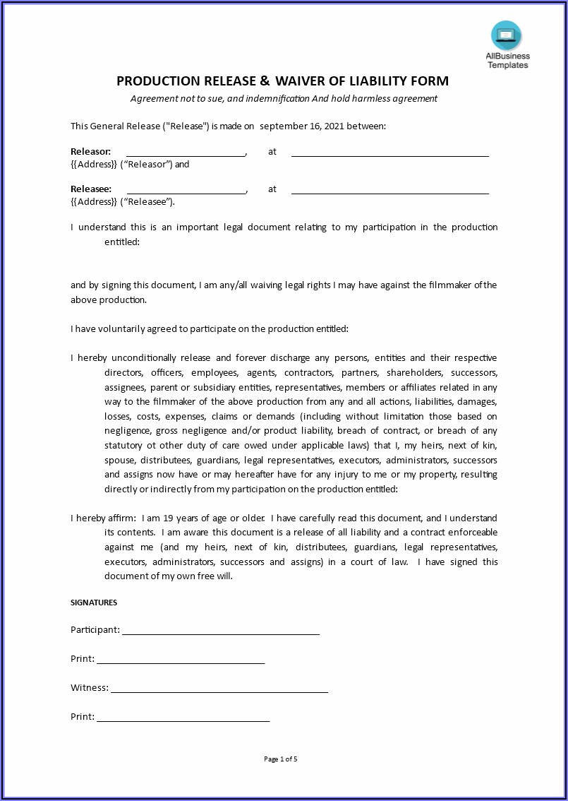 Waiver Release And Indemnity Agreement Template